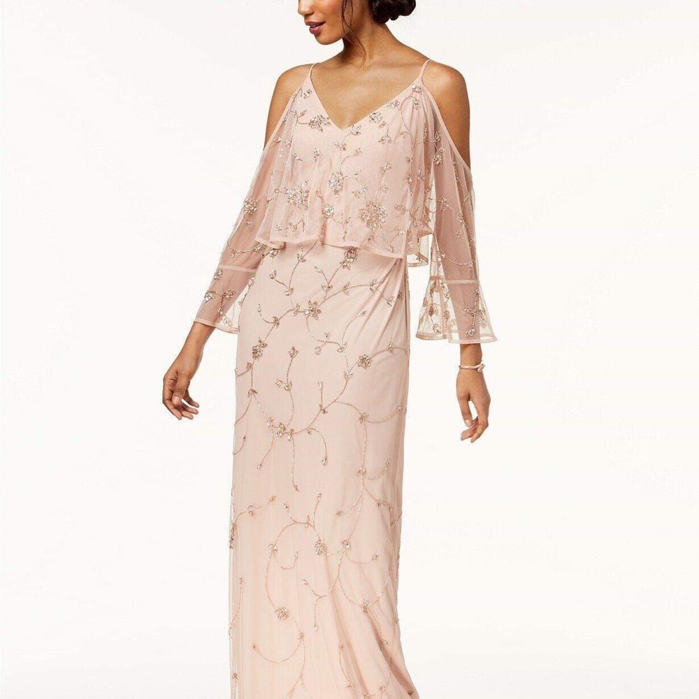 Adrianna Papell Beaded Cold-Shoulder Popover Gown